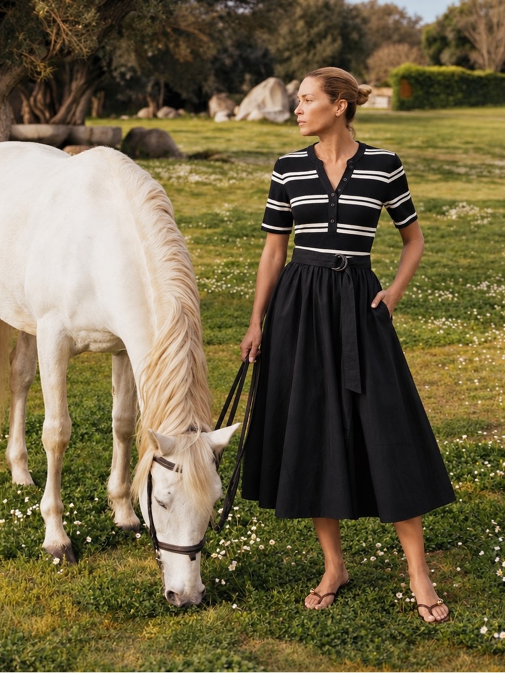 EVEREVE Anika Twofer Henley Midi Dress Small NWOT Black White Stripe Cotton